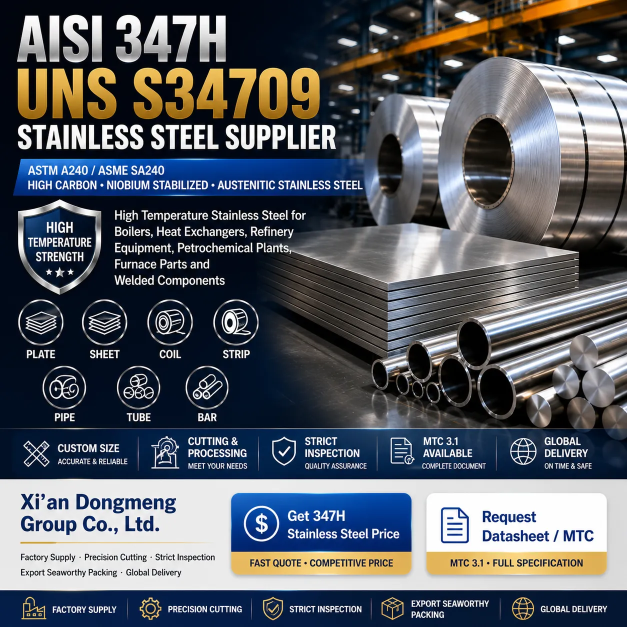 AISI 347H UNS S34709 leverancier van roestvrij staal|ASTM A240 Legering voor hoge temperaturen