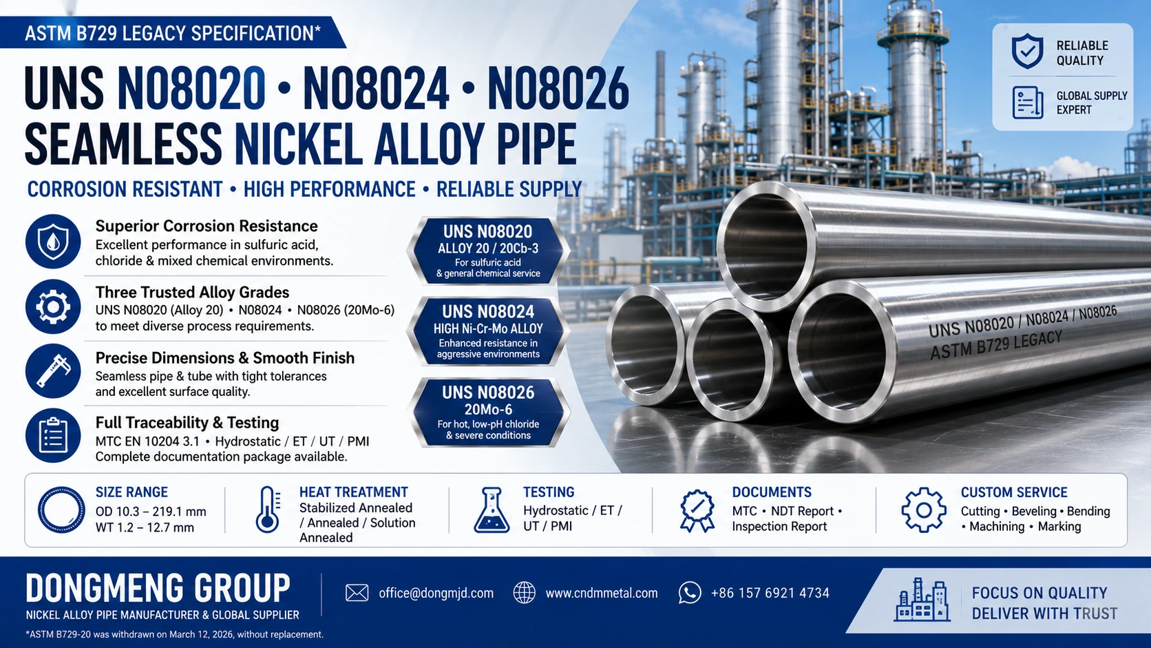 UNS N08020 N08024 N08026 Seamless Nickel Alloy Pipe 1 UNS N08020 N08024 N08026 Seamless Nickel Alloy Pipe 1